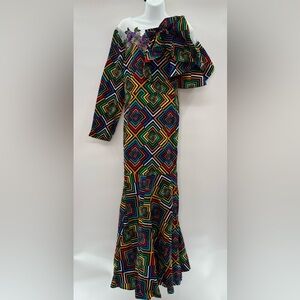 Afrilisco African Print Cotton Long Dress – Multicolor Geometric Pattern